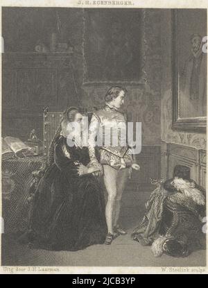 Une femme se tient près d'un dossier ouvert d'imprimés ou de dessins et regarde une feuille de papier derrière elle est une peinture sur un chevalet, Louise de Colligny avec Frederick Henry près du portrait de William I, imprimeur: Willem Steelink (I), (mentionné sur l'objet), Johannes Hinderikus Egenberger, (mentionné sur l'objet), éditeur: J.H. Laarman, (mentionné sur l'objet), Amsterdam, 1867, papier, gravure en acier, gravure, h 150 mm × l 96 mm Banque D'Images