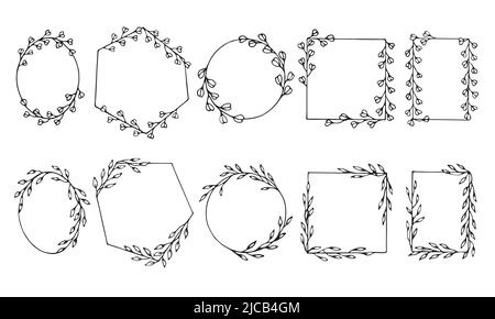 Ensemble de cadres floraux dessinés à la main dans différentes formes, bordures isolées avec des feuilles ornement dans le style de dessin vectoriel illustration. Illustration de Vecteur