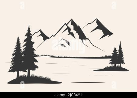 Montagne avec pins et paysage noir sur fond blanc. Illustration vectorielle montagne avec pins sur fond blanc. Verctor de montagne Illustration de Vecteur