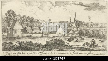 Paysage avec un grand bâtiment en pierre le long d'une rivière en premier plan un pré avec un troupeau de moutons et trois personnes en arrière-plan une tour d'église, Watermill à Essonne Veu des Moulins un pouldre d'Essonne vues sur la région de Paris , imprimerie: Albert Flamen, (mentionné à l'objet), Albert Flamen, (mentionné à l'objet), Lodewijk XIV (koning van Frankrijk), (mentionné à l'objet), Imprimeur: Paris, Paris, France, 1648 - 1692, papier, gravure, h 89 mm × l 174 mm Banque D'Images