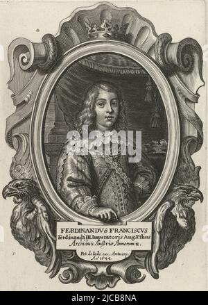 Portrait de Ferdinand François Ferdinand IV, roi de Hongrie, de Bohême et du Saint Empire romain, Fils aîné de l'empereur Ferdinand III, il tient sa main gauche sur le côté et, avec sa main droite, il pointe vers le cadre ci-dessous en arrière-plan une couronne le portrait est encadré dans un ovale dans une cartouche avec des aigles et une couronne dans le cadre, Une légende de trois lignes en latin, Portrait de Ferdinand IV, Roi de Hongrie, Bohême et le Saint Empire romain Théâtre des évêques, des Empereurs, des Rois, des Ducs, des Princes, Etc Theatrum pontificum, imperatorum, regum, ducum, principum, Etc , éditeur: Pieter de Jode (II), ( Banque D'Images