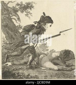 Un soldat court avec un fusil dans la main sur le sol se trouve un soldat mort, Soldat avec un fusil en main, imprimeur: Joannes Bemme, , 1800 - 1841, papier, gravure, h 143 mm × l 135 mm Banque D'Images