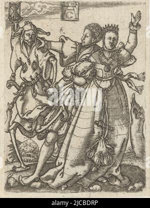 Imprimé d'une série de sept mort habillée comme jester est poussée loin par homme femme avec le bras levé, couple avec la danse de la mort , imprimerie: Monogrammiste AC (16e euw), (mentionné sur l'objet), imprimerie: Allaert Claesz., (éventuellement), Tobias Stimmer, (peut-être), Low pays, 1562, papier, gravure, h 86 mm × l 64 mm Banque D'Images