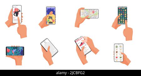 Téléphone portable mains-libres avec différents contenus en ligne sur l'illustration vectorielle du jeu d'écran. Cartographies des personnes du millénaire magasinent, en utilisant les médias sociaux, le chat vidéo et les applications de carte isolées sur blanc Illustration de Vecteur