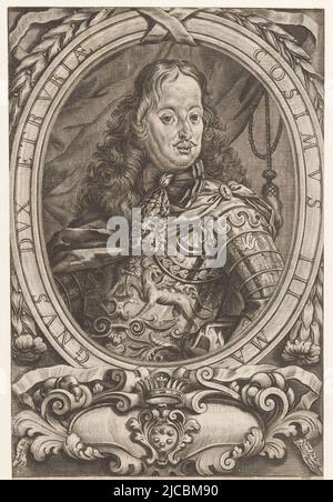 Portrait du Grand-Duc Cosimo de' Medici II, imprimeur: Isabella Piccini, (mentionné sur l'objet), dessinateur intermédiaire: Giuseppe Nicola Nasini, (mentionné sur l'objet), imprimeur: Venise, dessinateur intermédiaire: Italie, 1654 - 1734, papier, gravure, impression typographique, h 239 mm × l 159 mm Banque D'Images