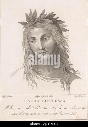 Portrait de Laura de Noves Laura Poetessa , imprimerie: Antonio Regona, (mentionné sur l'objet), dessinateur intermédiaire: Luigi Agricola, (mentionné sur l'objet), après: Rafaël, (mentionné sur l'objet), Italie, 1770 - 1853, papier, gravure, h 284 mm × l 201 mm Banque D'Images