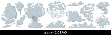 Collecte des odeurs de smog, fumée de bouffée, éléments d'explosion. Ensemble d'illustrations vectorielles nuages, flux de nuages. Fumée de dessin animé ou nuages de poussière, fumée de bouffée, éléments de nuage de ruisseau. Défroissage des silhouettes de poussière Illustration de Vecteur