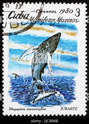 CUBA - VERS 1980 : un timbre imprimé à Cuba montre la baleine à bosse de Cuvier, Megaptera novaeangliae, Marine Mammal, vers 1980 Banque D'Images