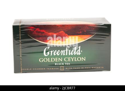 Moscou, Russie 12 juin,2022: Greenfield Golden Ceylan thé noir 25 teabags double chambre. Banque D'Images