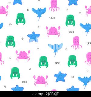 Motif sans couture avec animaux de la mer et de l'océan. Répétez la conception avec les créatures marines. Illustration de dessin animé vectoriel en blanc. Illustration de Vecteur
