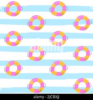 Motif sans couture avec bouée longue durée sur fond bleu et blanc rayé. Illustration vectorielle. Illustration de Vecteur