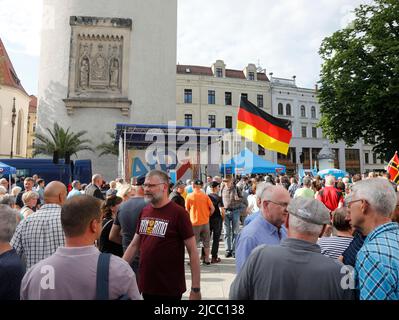 Alice Weidel, Sebastian Wippel, Tino Chuballa und Jörg Urban beim Landratswahlkampf für Sebastian Wippel am Marienplatz. Görlitz, 11.06.2022 Banque D'Images