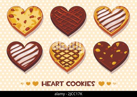 Pain d'épice en forme de coeur et biscuits au chocolat, set Happy Valentines Day Illustration de Vecteur