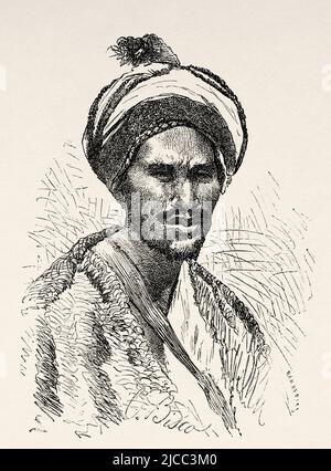 Portrait d'un homme de la tribu Beni Hassan, groupe nomade d'origine arabe, une des quatre sous-tribus des Maqil arabes qui ont émigré au Maghreb au 10th siècle, au Maroc. Nord de l'Afrique. Maroc par Edmondo de Amicis 1875. Le Tour du monde 1879 Banque D'Images