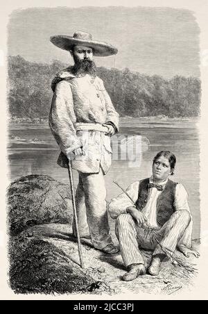 Jules Nicolas Crevaux (1847-1882) médecin militaire français et explorateur amazonien avec son assistant et guide Sababodi, Guyane française, département de France, Amérique du Sud. Voyage d'exploration à l'intérieur des Guianas 1877 par Jules Crevaux. Le Tour du monde 1879 Banque D'Images