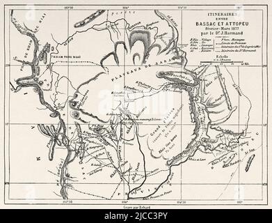 Carte de l'itinéraire du voyage entre Champasak et Attapeu. Laos. Asie du Sud-est. Le Laos et les populations sauvages de l'Indo-Chine par le docteur Harman 1877 Banque D'Images