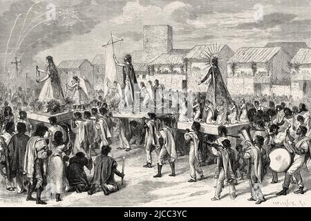 Corpus Christi procession le dimanche de Pâques à Popayan. Département de la vallée de Cauca . Colombie, Amérique du Sud. Voyage à travers l'Amérique équinotiale 1875-1876 par Edward François Andre. Le Tour du monde 1879 Banque D'Images