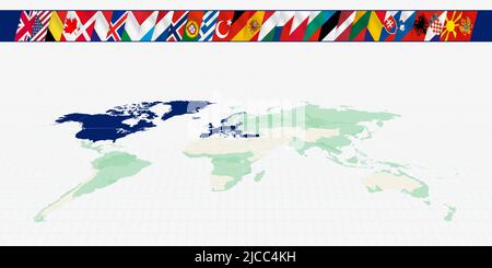 Carte du monde avec les membres de l'Alliance de l'Atlantique Nord. Un ensemble de drapeaux des membres de l'Alliance avec un effet de flottement. Illustration vectorielle Illustration de Vecteur