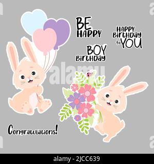 Autocollants petits lapins mignons et phrases joyeux anniversaire. Lapin avec ballons et bouquet de fleurs. Illustration vectorielle. Éléments isolés. Joyeux anniversaire g Illustration de Vecteur