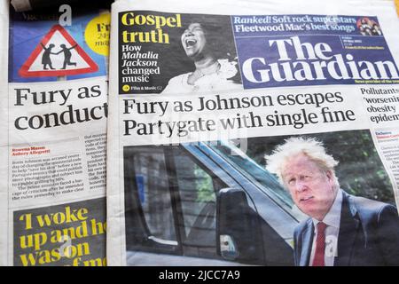 'Fury as Johnson échappe à Partygate avec une seule amende' le journal Guardian titre Boris Johnson première page 20 mai 2022 Londres Angleterre Royaume-Uni Grande-Bretagne Banque D'Images