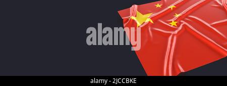 Drapeau chinois sur fond noir, masque. Illustration brillante soyeuse 3D. Gros plan sur le drapeau du pays. Symbole national chinois PRC Banque D'Images