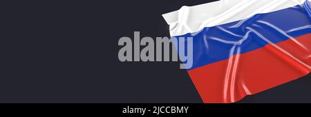 Drapeau russe sur fond noir, masque. Illustration brillante soyeuse 3D. Gros plan sur le drapeau du pays. Symbole national de la Russie Banque D'Images