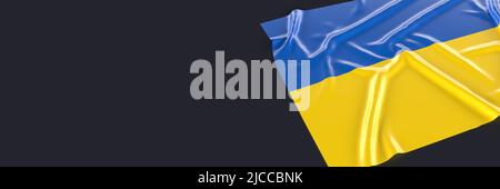 Ukraine drapeau sur fond noir, masque. Illustration brillante soyeuse 3D. Gros plan sur le drapeau du pays. Symbole national ukrainien Banque D'Images