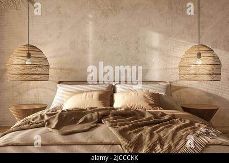 Style boho scandinave dans l'intérieur de la ferme.Chambre beige avec mobilier en bois naturel, volets et plantes sèches.3d illustration du rendu. Banque D'Images