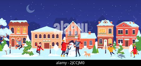 Ville de Noël. Rue de la vieille ville avec des personnes célébrant noël et les vacances d'hiver du nouvel an. Dessins animés enfants et famille Illustration de Vecteur