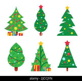 Arbres de Noël décorés de guirlandes lumineuses et d'étoiles sur le dessus. Dessins animés Noël et sapin du nouvel an avec boîtes cadeaux Illustration de Vecteur