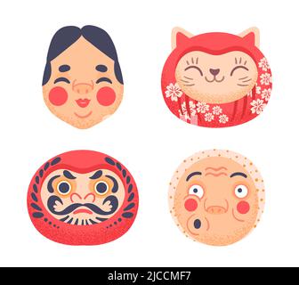 Masque du Japon. Visages de caractères japonais traditionnels, symboles de culture asiatique isolés sur blanc. Expressions du visage mignons Illustration de Vecteur