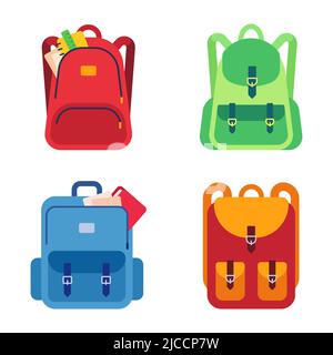 Sacs d'écoliers, sacs à dos pour enfants avec articles de papeterie et carnets. Sacs à dos colorés pour enfants avec différentes fournitures Illustration de Vecteur