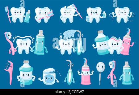 Personnages de soins dentaires. Brosse à dents dentifrice dentaire soie dentaire adorable mascottes de dessin animé pour la dentisterie et les affiches pédiatriques. Bain de bouche Vector et Illustration de Vecteur