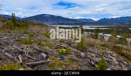 Des arbres ont été abattus dans les collines près d'un lac de montagne, sur fond de montagnes enneigées de l'Utah, aux États-Unis Banque D'Images