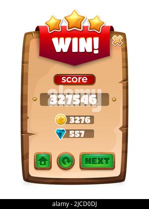 Vous gagnez la bannière de jeu. Panneau d'interface complet de niveau dessin animé avec tableau de scores et icônes de prix. Illustration d'arrière-plan de jeu vectoriel avec menu GUI Illustration de Vecteur