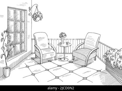 Dessin d'intérieur graphique de balcon noir blanc, illustration vectorielle Illustration de Vecteur