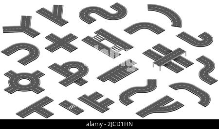 Route isométrique. Kit de construction de l'autoroute 3D de dessin animé avec voie de volume et éléments piétons, virage de passage de côté et segments de cercle. Vecteur isolé Illustration de Vecteur