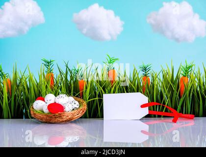 Fond de Pâques avec oeufs colorés, herbe verte, étiquette et ciel bleu avec des nuages blancs Banque D'Images