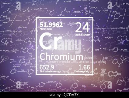 Élément chimique du chrome avec première énergie d'ionisation, masse atomique et électronégativité sur fond scientifique Illustration de Vecteur