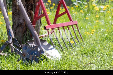 Outils de jardinage. Outils de jardin sur le fond d'un jardin en herbe verte. Outil de travail d'été. Pelle, fourchette et poudre à lever empilées dans le jardin Banque D'Images