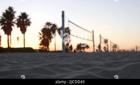 Joueurs jouant au volley-ball sur la plage, jeu de volley-ball avec balle et filet, silhouette de palmiers au coucher du soleil, côte californienne, États-Unis. Des gens défocused sur la rive sablonneuse de l'océan. Cinémagraphe sans couture. Banque D'Images