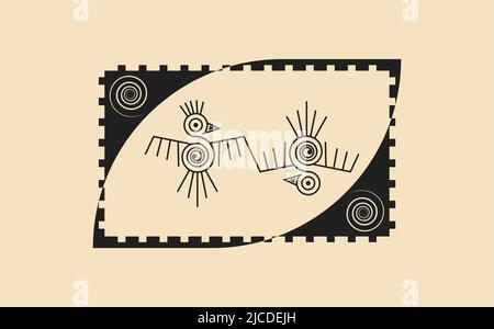 Couple d'oiseaux signe Aztec isolé symbole de religion ancienne. Vector Maya fantastique animal icône rétro. Totem de la culture américaine, mascotte ethnique tribale Illustration de Vecteur