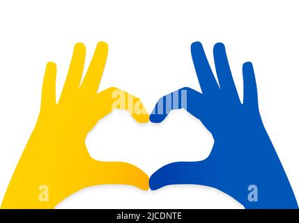 Love Ukraine concept. Mains en forme de coeur peintes en bleu et jaune, les couleurs du drapeau national de l'Ukraine. Isolé sur fond blanc. Illustration de Vecteur