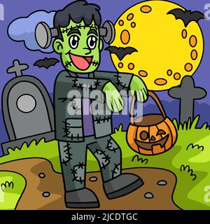 Zombie dans le cimetière Halloween dessin animé coloré Illustration de Vecteur