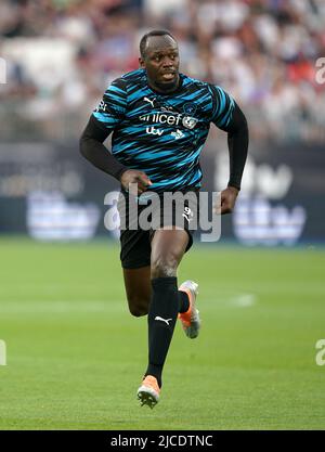 Le reste du monde XI's Ubain Bolt lors du match de football de l'aide pour l'UNICEF au stade de Londres, Londres. Date de la photo: Dimanche 12 juin 2022. Banque D'Images