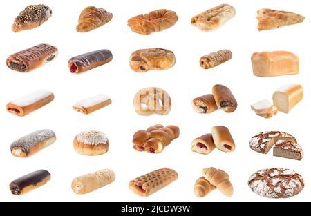 Collage de différentes pâtisseries et produits de boulangerie, isolé sur blanc. Banque D'Images