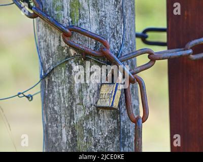 Berlin, Allemagne. 06th septembre 2020. 06.09.2020, Berlin. Une serrure est suspendue par une chaîne rouillée à partir d'un poteau en bois dans un jardin à côté d'une porte. Crédit: Wolfram Steinberg/dpa crédit: Wolfram Steinberg/dpa/Alay Live News Banque D'Images