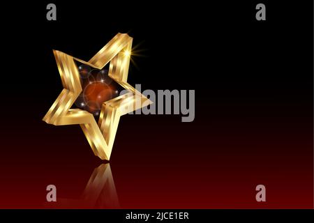 Golden star prize concept, logo 3D or avec effet de lumière, illustration vectorielle isolée sur fond noir et rouge Illustration de Vecteur