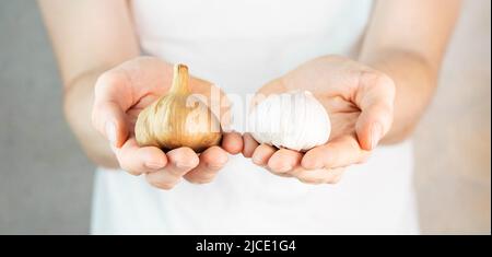 Personne en t-shirt blanc sur fond gris tient l'ail et les bulbes d'ail noir dans les mains. Ail et ail fermenté dans les mains. Fermenté Banque D'Images