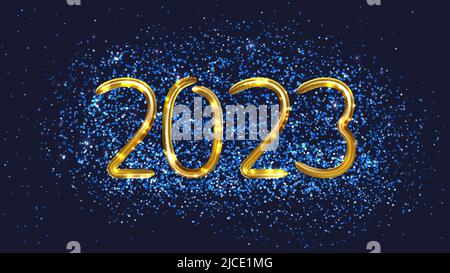 2023 Bonne Année. Inscription dorée 2023 au réalisme éclatant 3D, motif à paillettes bleu sur fond sombre. Idéal pour les poses de Noël et du nouvel an Illustration de Vecteur